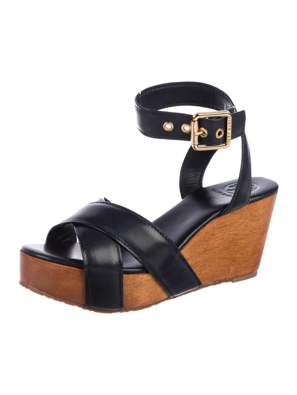 Tory Burch Almita Black Leather Ankle Strap Platform Wedge Sandals size 8.5M